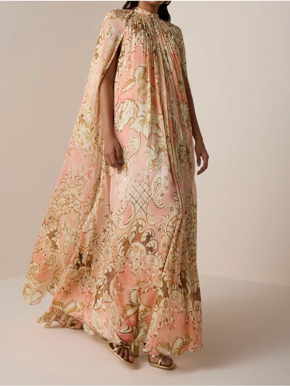 HEMANT & NANDITA Pink and Gold Floral Maxi Cape Dress - Picture 5 of 13